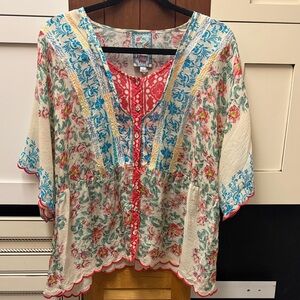 Johnny Was Cream Floral Button-Front Tunic with Coral and Turquoise Accents